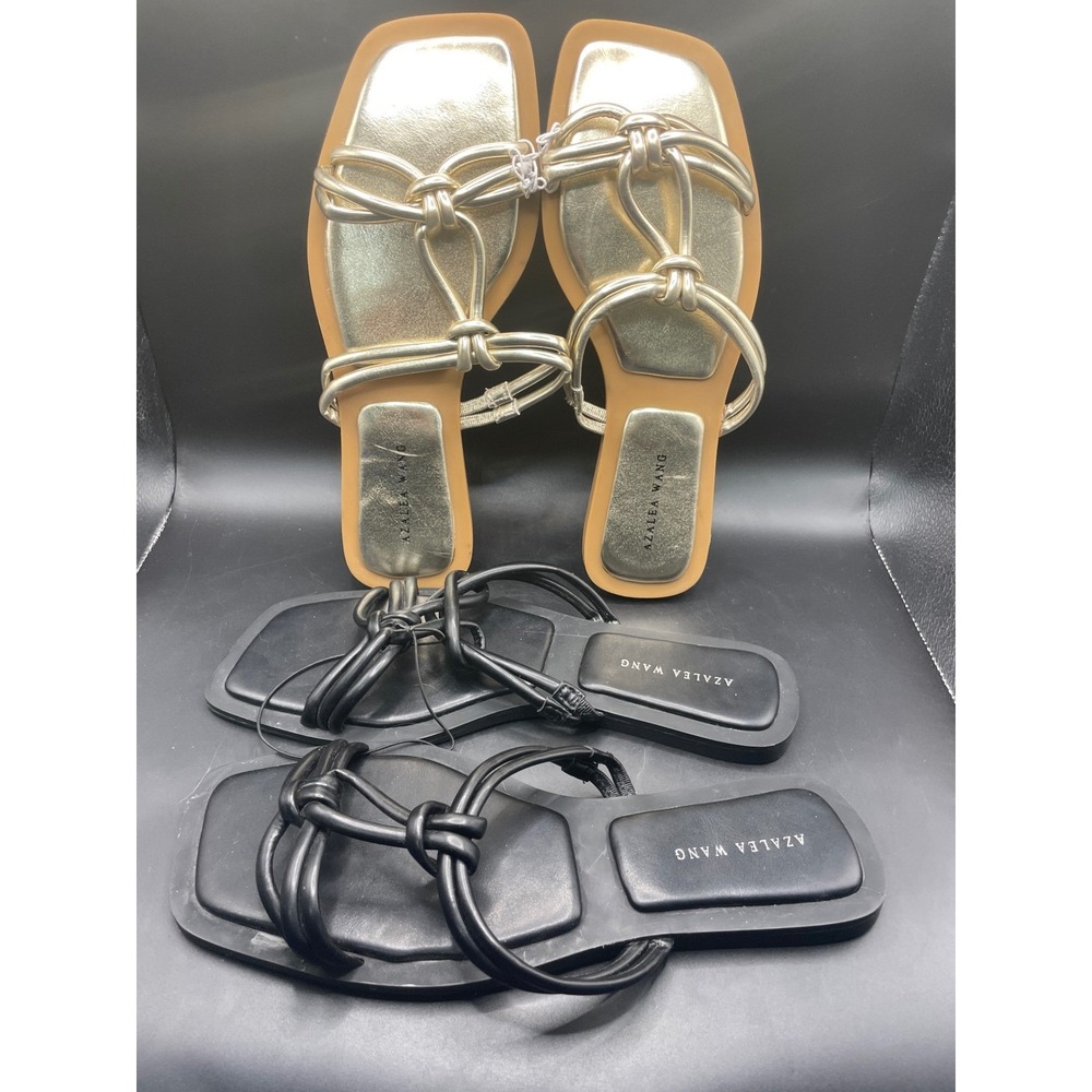 Azalea Wang Stetson Square Toe Knotted Flat Sandals Bundle Gold Black Womens 9